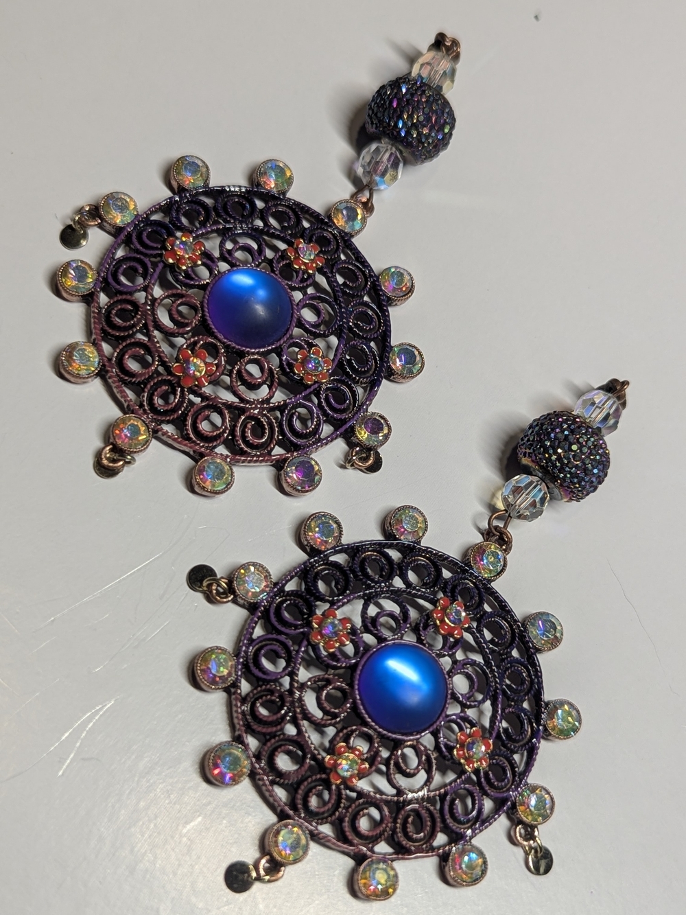 Betsey Johnson Purple Filigree Drop Earrings with Blue Center